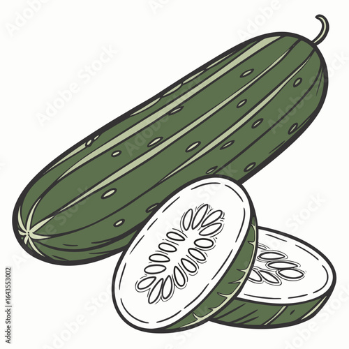 Illustration of a whole cucumber and two slices with a minimalist style
