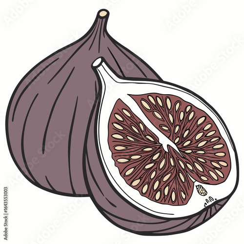 Two Figs, one whole and one halved, showing interior and many seeds
