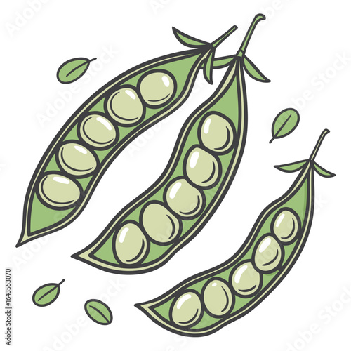 Three delightful pea pods in an illustration style with some loose leaves