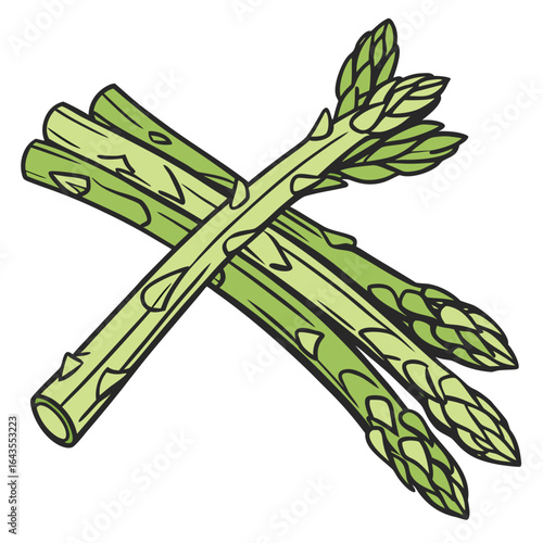 Cartoon illustration of cross hatched green asparagus stalks on a white background
