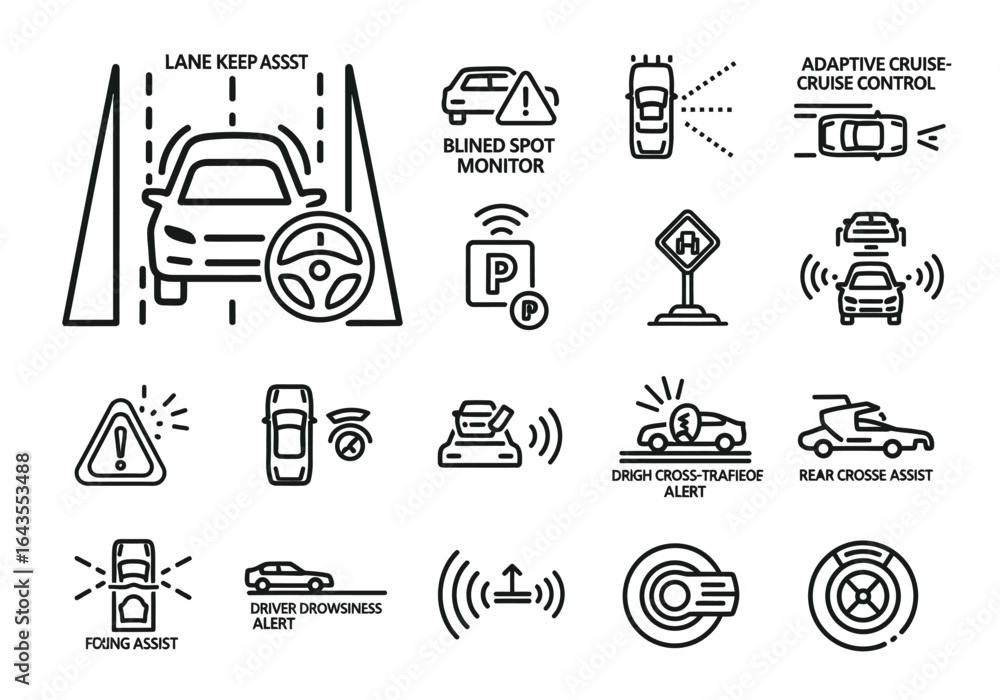 Fototapeta premium Futuristic Car Technology Lane Keep Assist, Blind Spot Monitor & Adaptive Cruise Control Icons