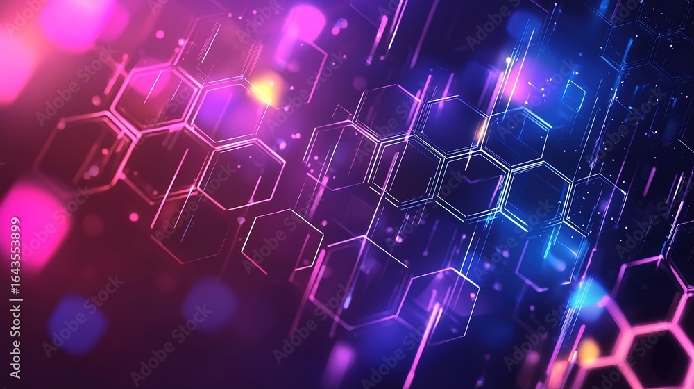 Obraz premium A vibrant, abstract digital design featuring hexagonal patterns and colorful light effects, creating a futuristic atmosphere.