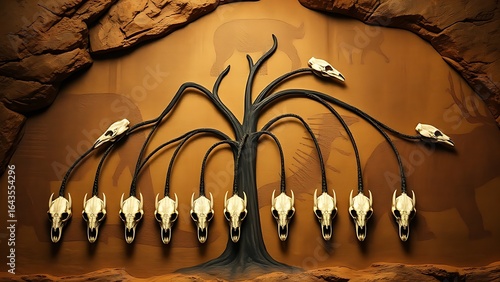 Evolutionary tree with twelve branches ending in anteater skulls against cave art.