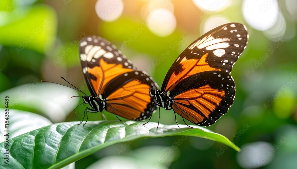 Naklejka premium Two striking monarch butterflies resting gracefully on a vibrant green leaf