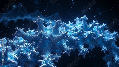 Metallic alloy fractals grow crystalline structures emitting blue energy waves in deep space.