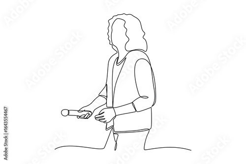 simple continuous line draw of a singer pointing the mic down during a concert. Concert activity, music for fun, music.