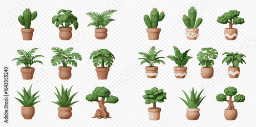 A charming collection of various 3D stylized houseplants in terracotta pots, including cacti, bonsai, and leafy plants.