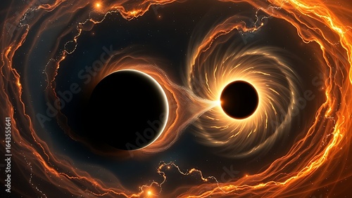 Two supermassive black holes in a cosmic dance, connected by energy streams across vast interstellar distance