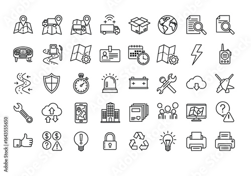 Logistics and Transportation Icon Set Delivery, Route, and GPS Tracking Symbols