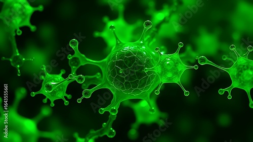 Microscopic view of green tea molecules activating cellular cleanup of neural debris, health-focused imagery.
