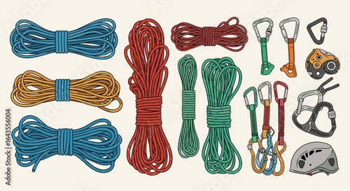 Illustration showing climbing equipment including ropes carabiners and other safety gear for rock climbing