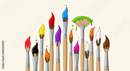 Assortment of paint brushes with various colors of paint dripping from the bristles on a white background