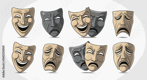 Illustration showing a set of eight drama masks depicting various emotions and expressions on a white background