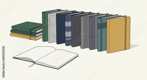 A collection of notebooks and journals arranged in a row with one open on a light background