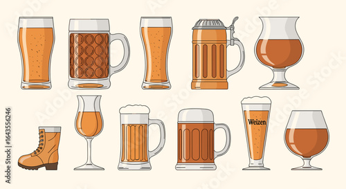 Illustration showcasing a variety of beer glasses and mugs filled with golden liquid on a light background