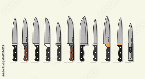 A collection of various kitchen knives displayed in a row with different blade shapes and handle styles