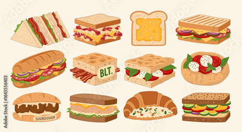 Various stylized sandwiches including blt club sourdough and caprese displayed in an array of illustrations