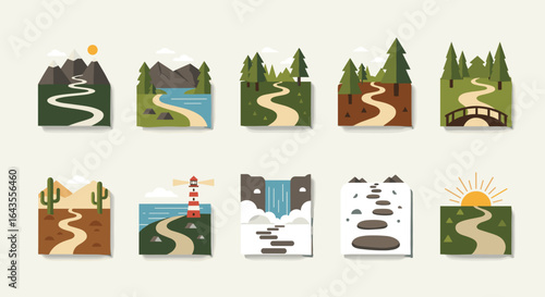Collection of ten landscape scenes featuring winding paths through diverse environments and terrains