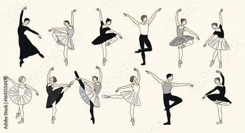 A collection of ballet dancers in various poses wearing tutus and leotards performing on pointe shoes