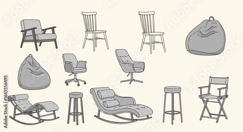 A collection of various chair designs including armchairs barstools rocking chairs and beanbag chairs displayed
