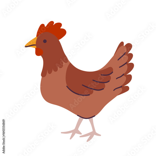 Vector illustration of a cute brown hen, simple flat trendy, isolated on white background. Farm animal concept for logo, poster, packaging design. Hen cartoon character. Chiken icon. 