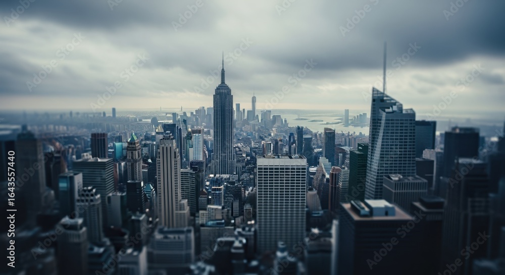 Naklejka premium Highangle view of dense highrise buildings under moody cloudy atmosphere.