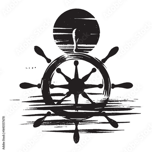 Ship wheel and sun brush stroke black on white vector illustration