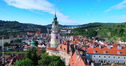Aerial Cesky Krumlov, Krummau historical town fly up camera view movement in Czech Republic, Europe
