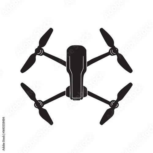 Black Silhouette of a Drone with Four Rotors, Top View on White