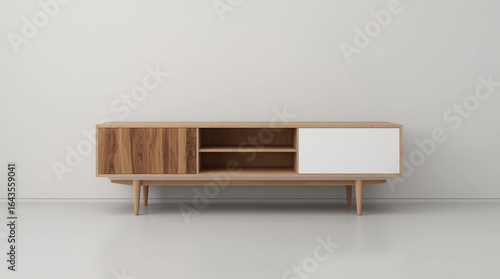 Wooden tv console mockup in empty living room