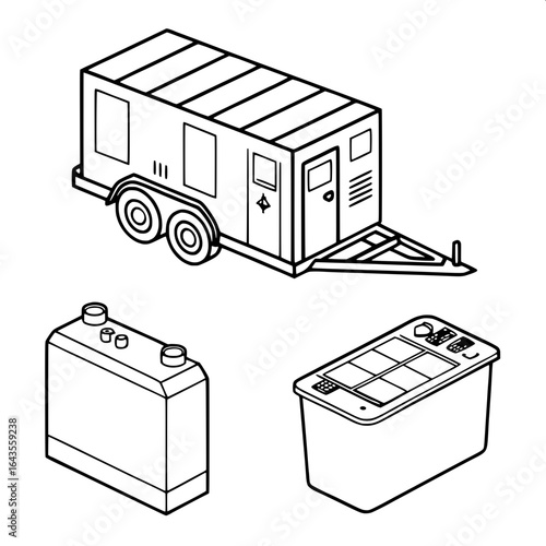 "Set of 3 matching icons in thin line style — diesel generator trailer, solar trailer, battery container — simple, minimal industrial aesthetic, uniform line weight"

