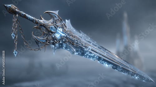 Ornate ice-forged fantasy sword with chains and crystal pendants