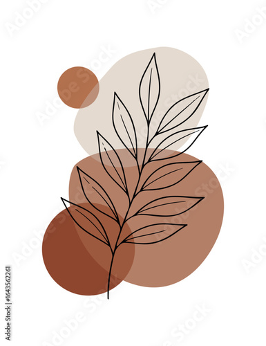 Delicate botanical line art of a leaf branch set against abstract, organic shapes in warm, earthy terracotta tones.