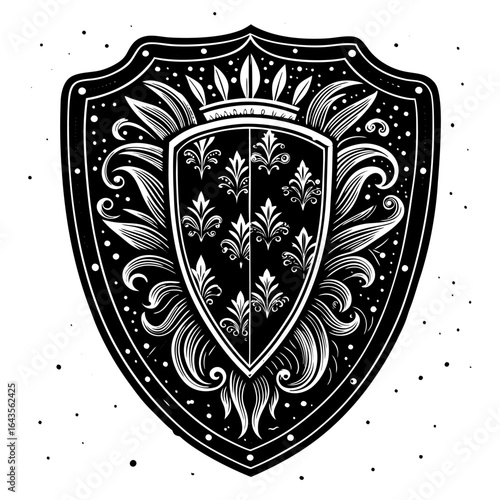 Heraldic Shield with Floral and Crown Design.