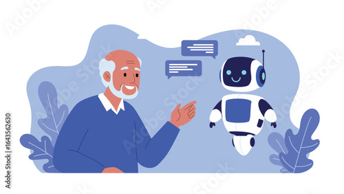 Elderly man talking with AI assistant robot in a friendly conversation. A concept of interaction between senior and artificial intelligence