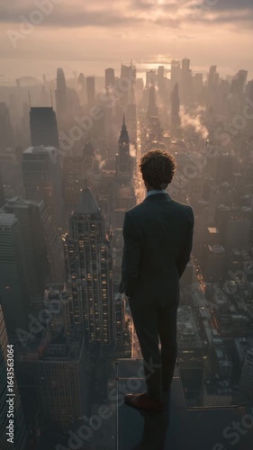 Man In Suit Looking At City Skyline From Rooftop At Golden Hour
