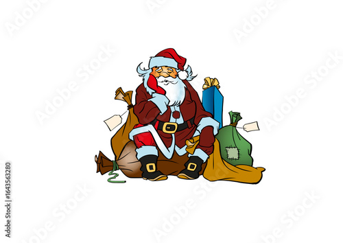 Santa Claus has fallen asleep on top of sacks full of Christmas presents