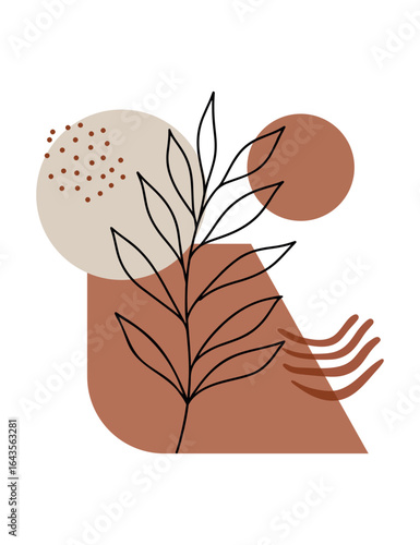 Elegant Abstract Botanical Illustration with Geometric Shapes and Earth Tones