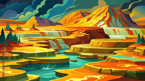 Mineral terraces shimmer with vivid orange, yellow, and emerald hues, while hot springs release fragrant vapors, creating an otherworldly beauty where volcanic energy breathes life into the Thermal Wo