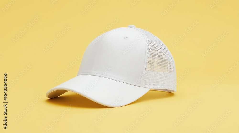 Fototapeta premium White baseball cap mockup. Blank trucker hat isolated on yellow background