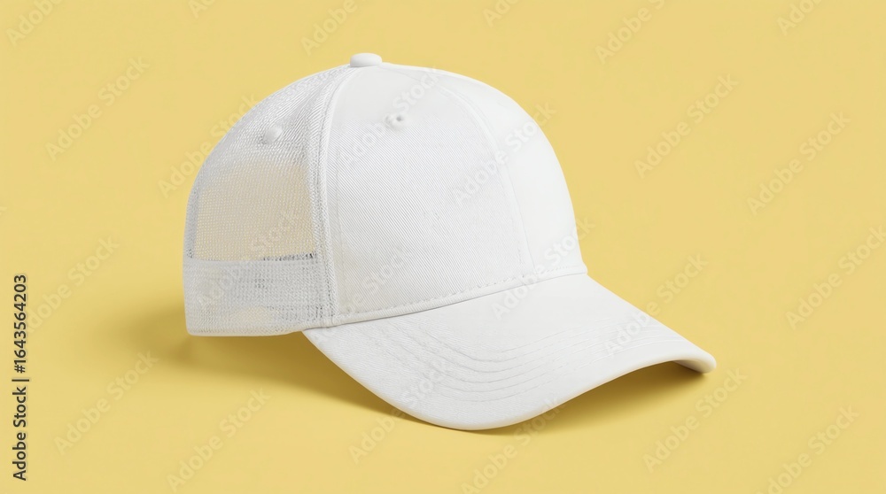 Fototapeta premium White baseball cap mockup. Blank trucker hat isolated on yellow background