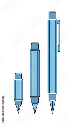 Three different sizes of mechanical pencils with blue barrels and silver accents