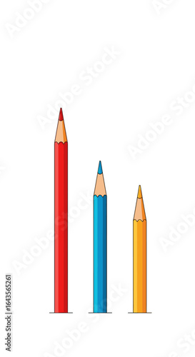 Three colorful pencils of varying heights lined up on a white background