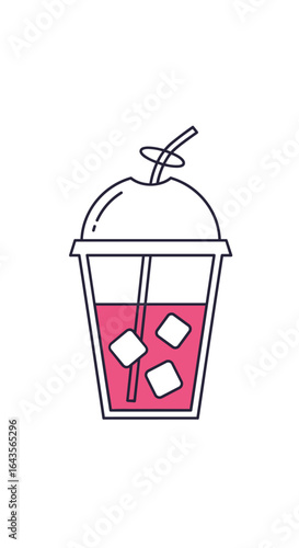Refreshing cold beverage with ice and straw in a clear cup