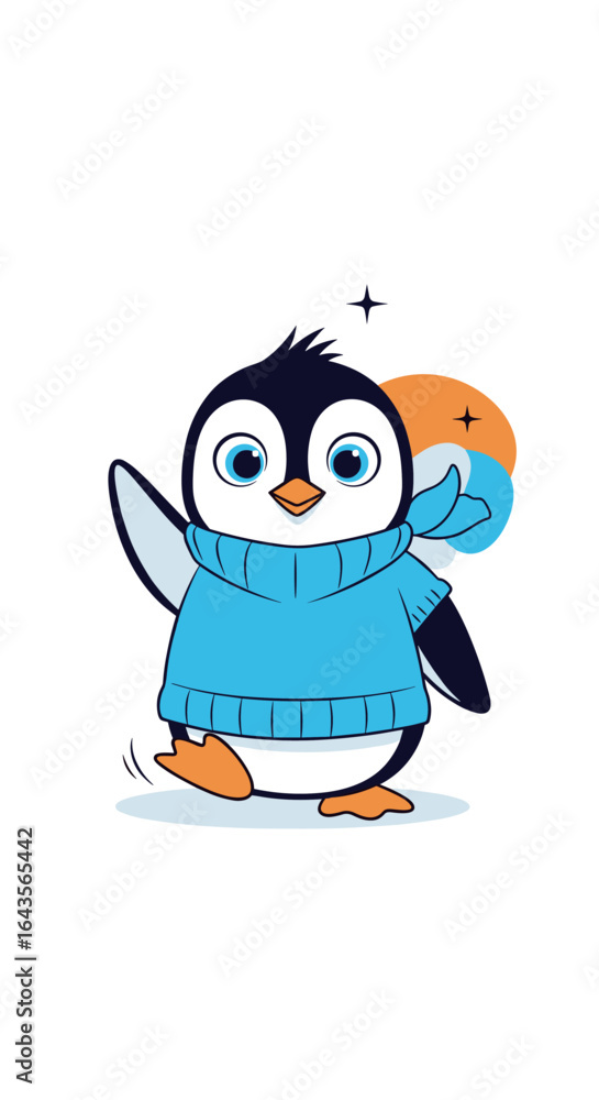 Fototapeta premium Cute penguin character waving hello with blue sweater and scarf