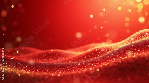 Abstract red and gold flowing waves with glittering particles