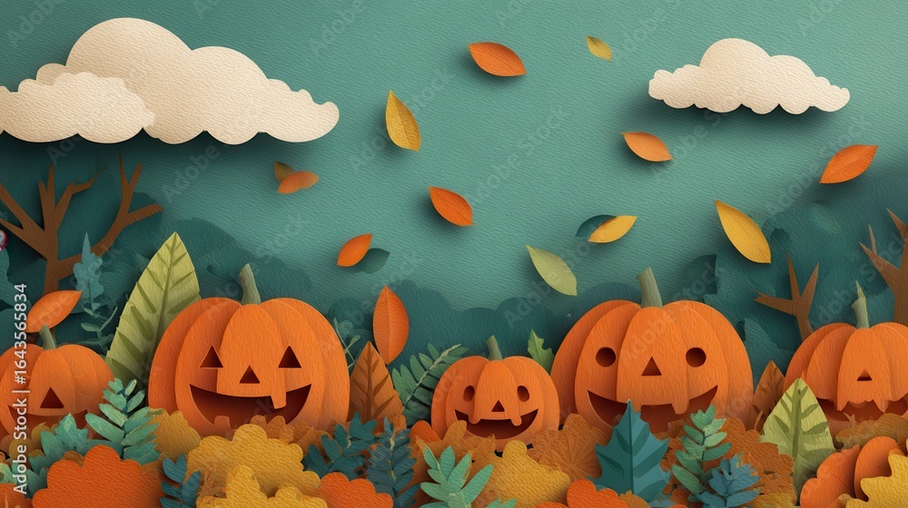Naklejka premium Smiling Pumpkins in Autumn Paper Craft Scene