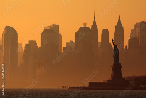 Golden hour NYC skyline with Lady Liberty