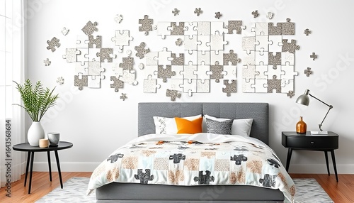 Puzzle Palace Puzzle themed wall art a minimalist bed with puzzl