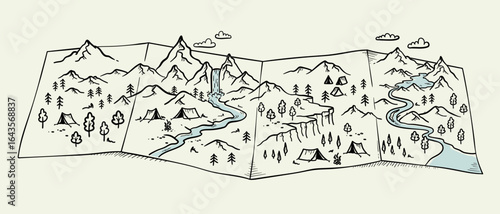 Cute hand drawn map with mountains, tents, trees, hills. illustrated landscape, adventure - great for banners, wallpapers, cards.